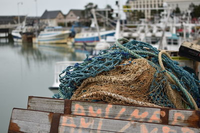 Fishing net on pier at harbor