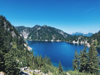 Scenic view of lake in forest against clear blue sky