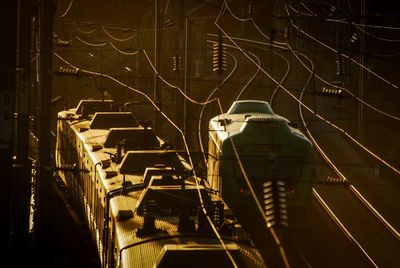 High angle view of cable cars at dusk