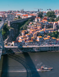 Aerial view of bridge over river against buildings in city