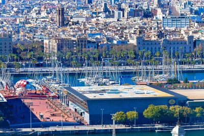 High angle view of harbor in city