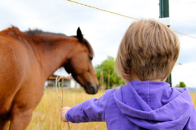 Rear view of boy by brown horse at ranch