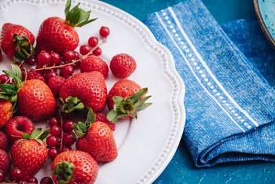 High angle view of strawberries in plate on table