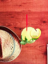 High angle view of drink on table