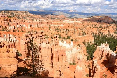 Aerial view of rock formations against cloudy sky