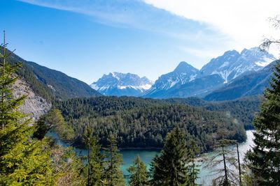 Scenic view of lake and mountains against sky