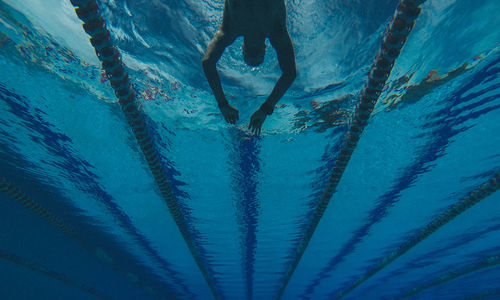Low angle view of man swimming in pool