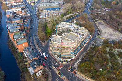 High angle view of street amidst buildings in city