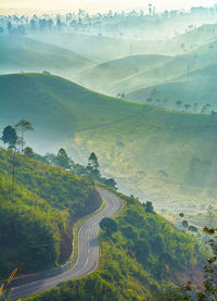 High angle view of mountain road during foggy weather