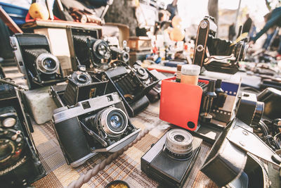 Close-up of old cameras for sale