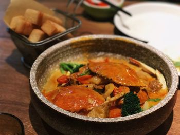 Close-up of soup in bowl on table