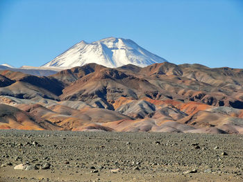 Scenic view of snowcapped mountains against clear sky