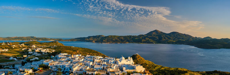 View of plaka village on milos island on sunset in greece