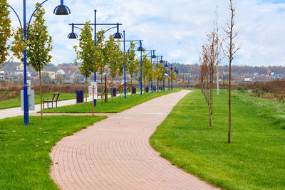 Footpath amidst trees on field against sky