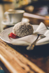 Close-up of dessert in plate on table