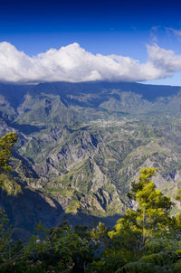 Aerial view of landscape and mountains against sky