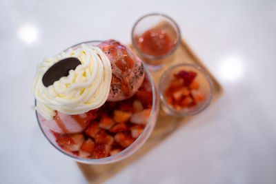 High angle view of dessert on table