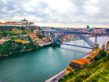 High angle view of bridge over river amidst buildings in city