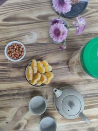 High angle view of breakfast on table