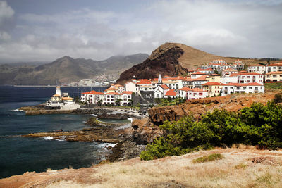 Houses in town against cloudy sky