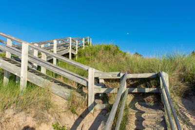 Built structure on field against clear blue sky