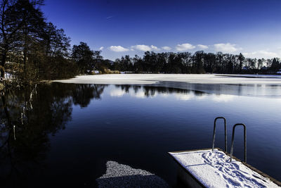 Scenic view of lake against blue sky