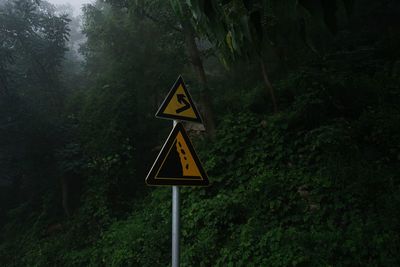 Road sign by trees in forest