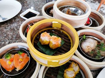 High angle view of vegetables in container on table