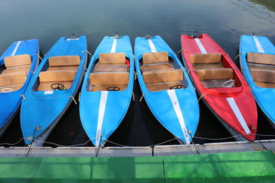 High angle view of boats moored in lake