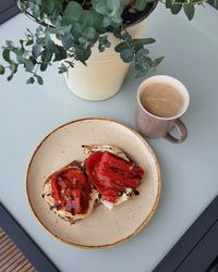 High angle view of breakfast served on table