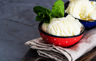 Close-up of ice cream in bowl on table