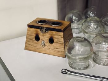 High angle view of glasses on table