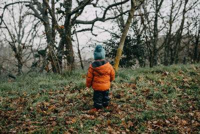 Rear view of boy standing in forest