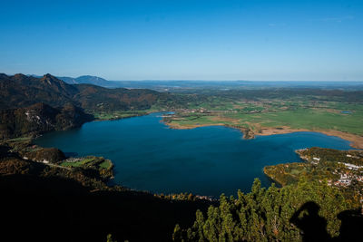 Scenic view of bay against clear blue sky