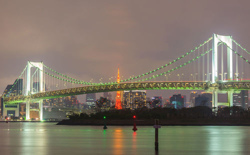 Illuminated bridge over river with city in background