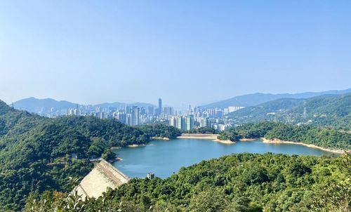 Scenic view of bay against clear sky