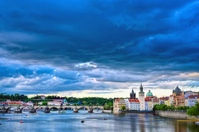 Bridge over river with buildings in background