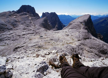 Sunny day on dolomites, hiking in summer through altopiano della rosetta