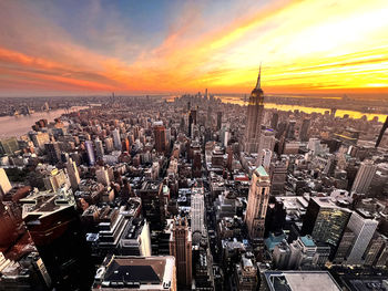 High angle view of townscape against sky during sunset