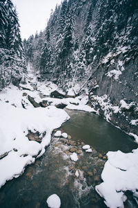 Scenic view of frozen river against sky during winter