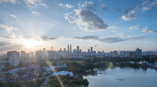 City skyline at sunset