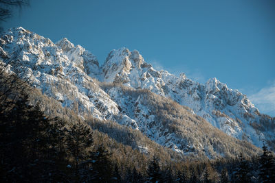 Scenic view of snowcapped mountains against clear sky