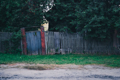 Fence on field by trees in forest