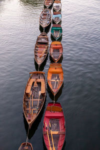 High angle view of ship moored in lake