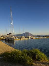 Sailboats moored in marina against clear sky