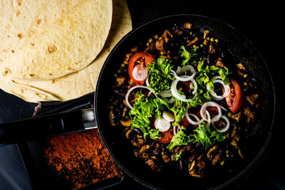 High angle view of food in plate