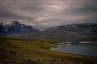 Scenic view of lake and mountains against sky