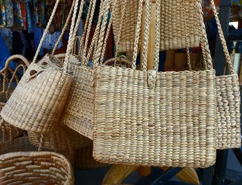 Wicker basket hanging at market stall