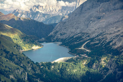 High angle view of lake amidst snowcapped mountains