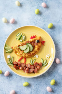 High angle view of food in plate on table